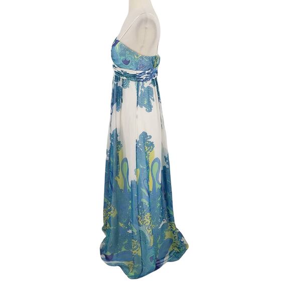 Cache Silk Blend Chiffon Formal Gown with Metallic Paisley Print - Picture 4 of 7
